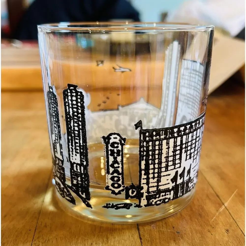 Vintage Pair of Chicago Skyline Rocks Glasses Whiskey Tumblers Black And White